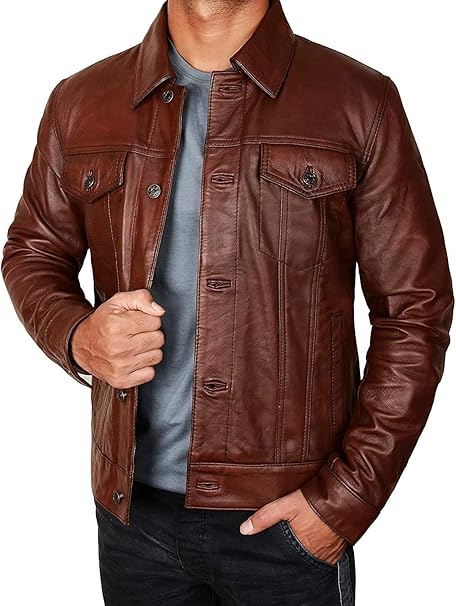 RIDIX Men Brown Distressed Leather Trucker Jacket, Leather Jacket