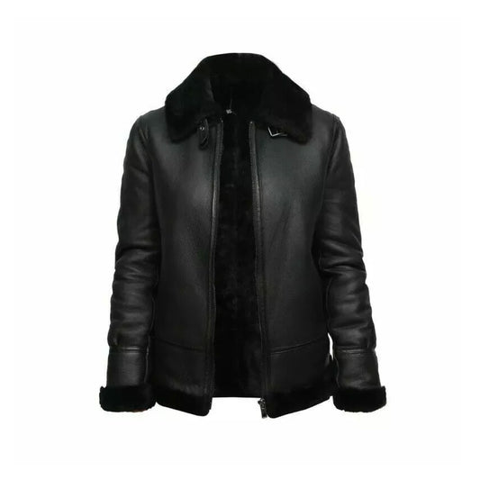 Women B3 Bomber RAF Black Aviator Flying Fur Real Sheepskin Leather Fur Jacket