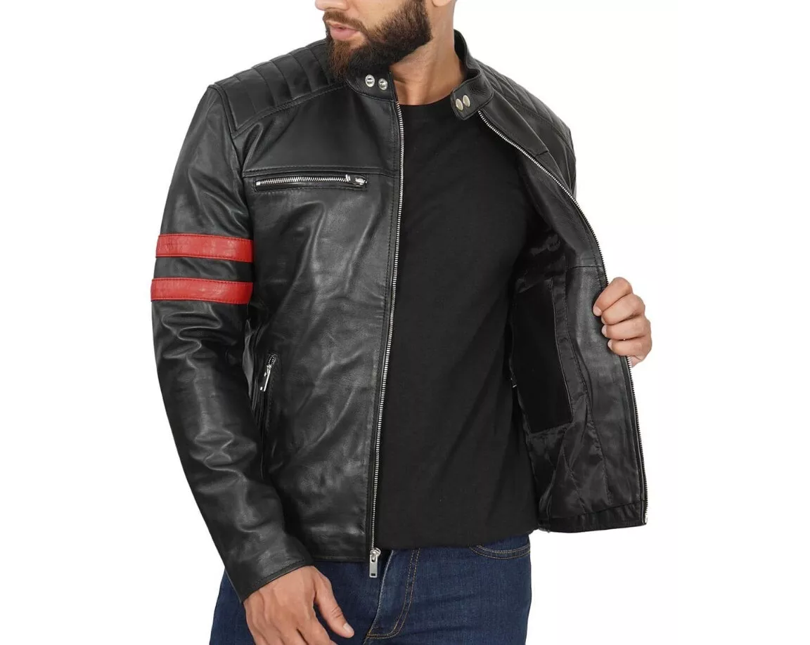 RIDIX Biker Black Quilted With Red Stripe Cafe Racer Leather Motorcycle Jacket For Men
