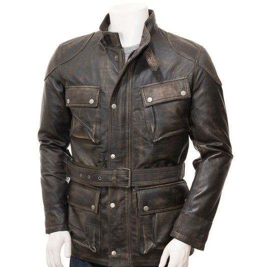 Men’s Distressed Leather Moto Field Jacket – Black/Brown