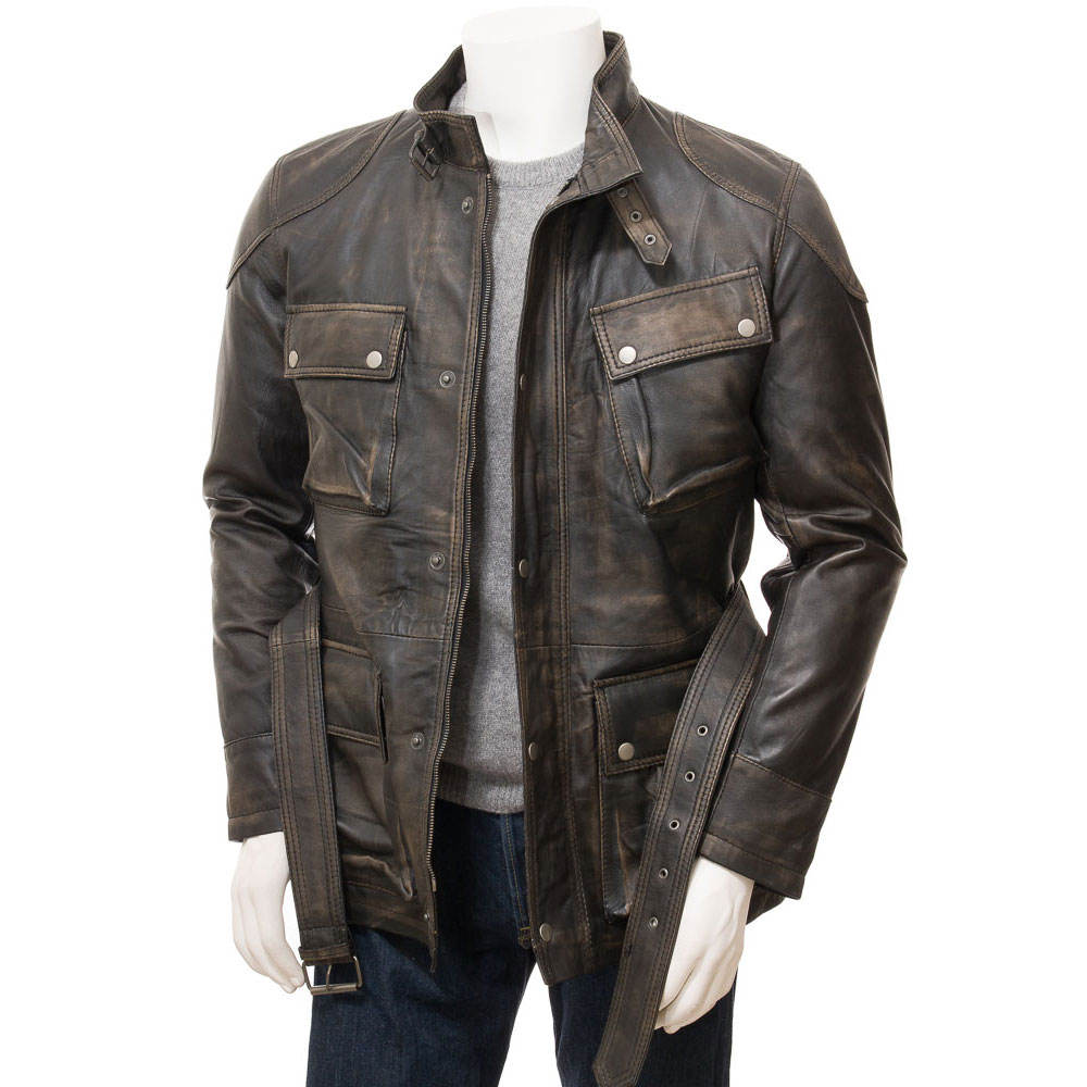 Men’s Distressed Leather Moto Field Jacket – Black/Brown