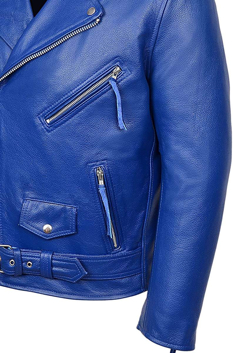 Men’s Royal Blue Genuine Leather Biker Jacket – Bold Streetwear with Belted Waist