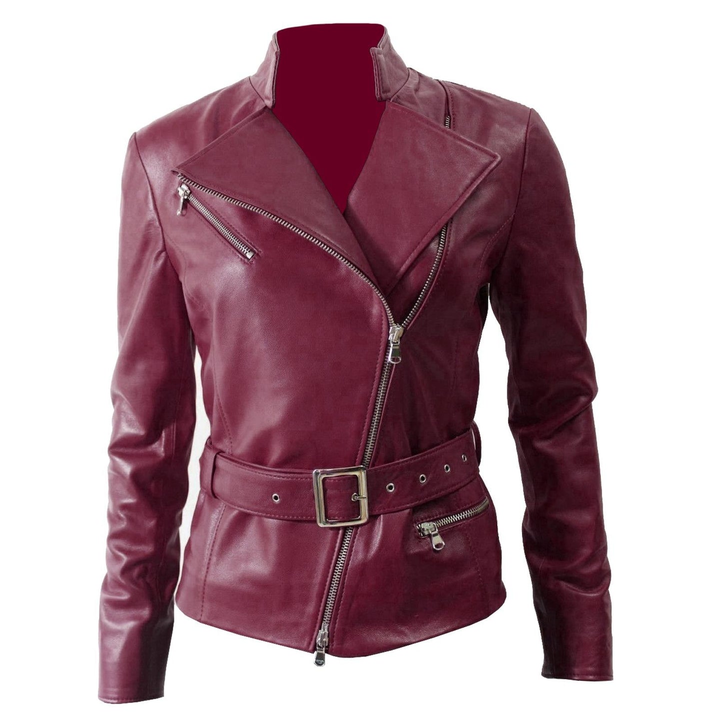 Women’s Burgundy Leather Moto Jacket with Belt - Chic & Stylish Outerwear