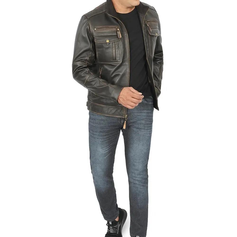 Men's Brown Genuine Leather Bomber Jacket