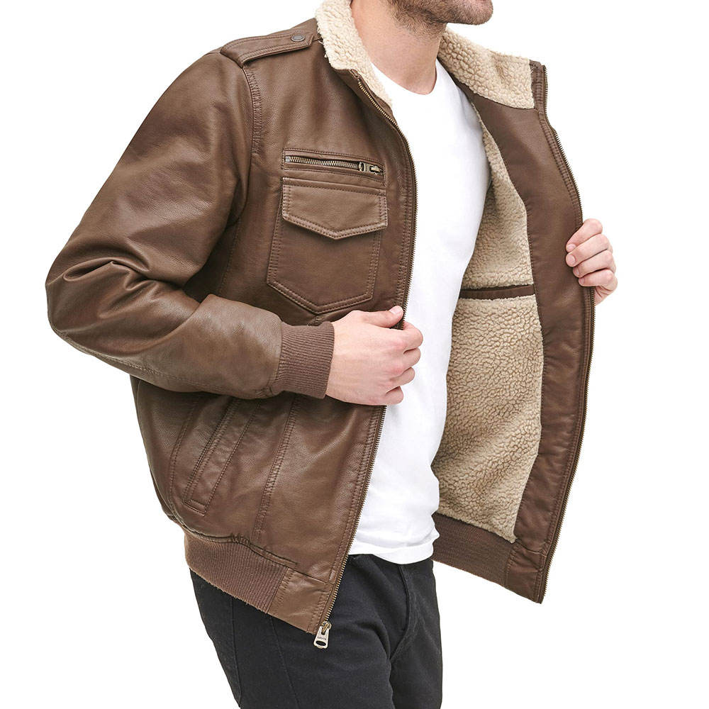Men's Brown Bomber Jacket with Sherpa Lining – Military Style Faux Leather