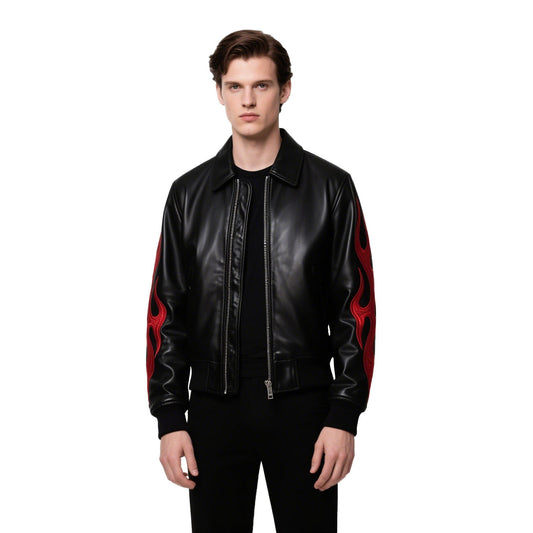 Men’s Black Leather Bomber Jacket with Red Flame Embroidery