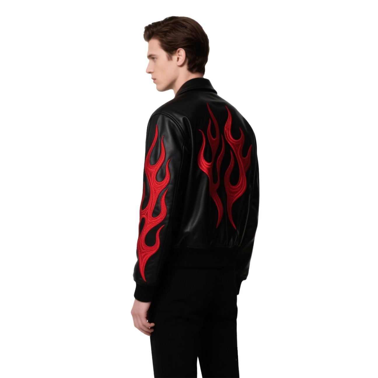 Men’s Black Leather Bomber Jacket with Red Flame Embroidery