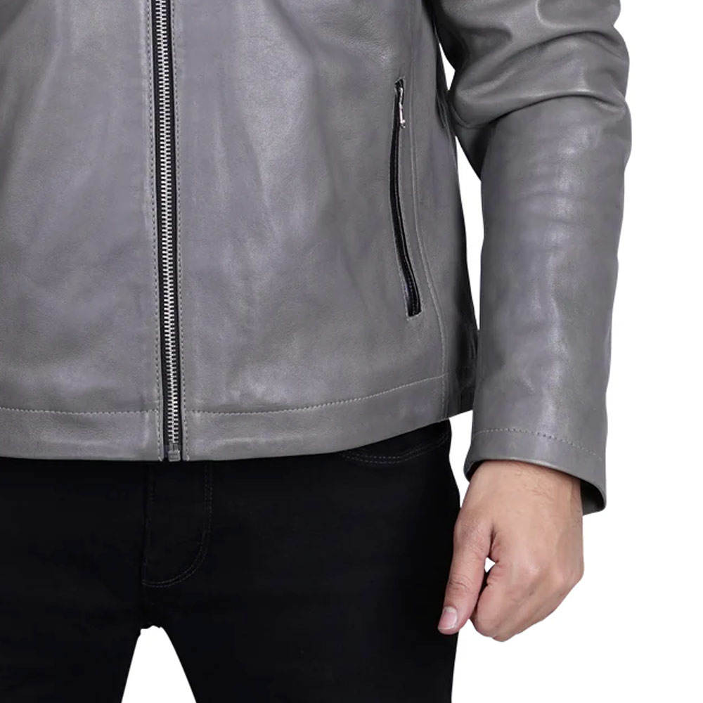Men’s Grey Leather Jacket with Black Contrast Pockets