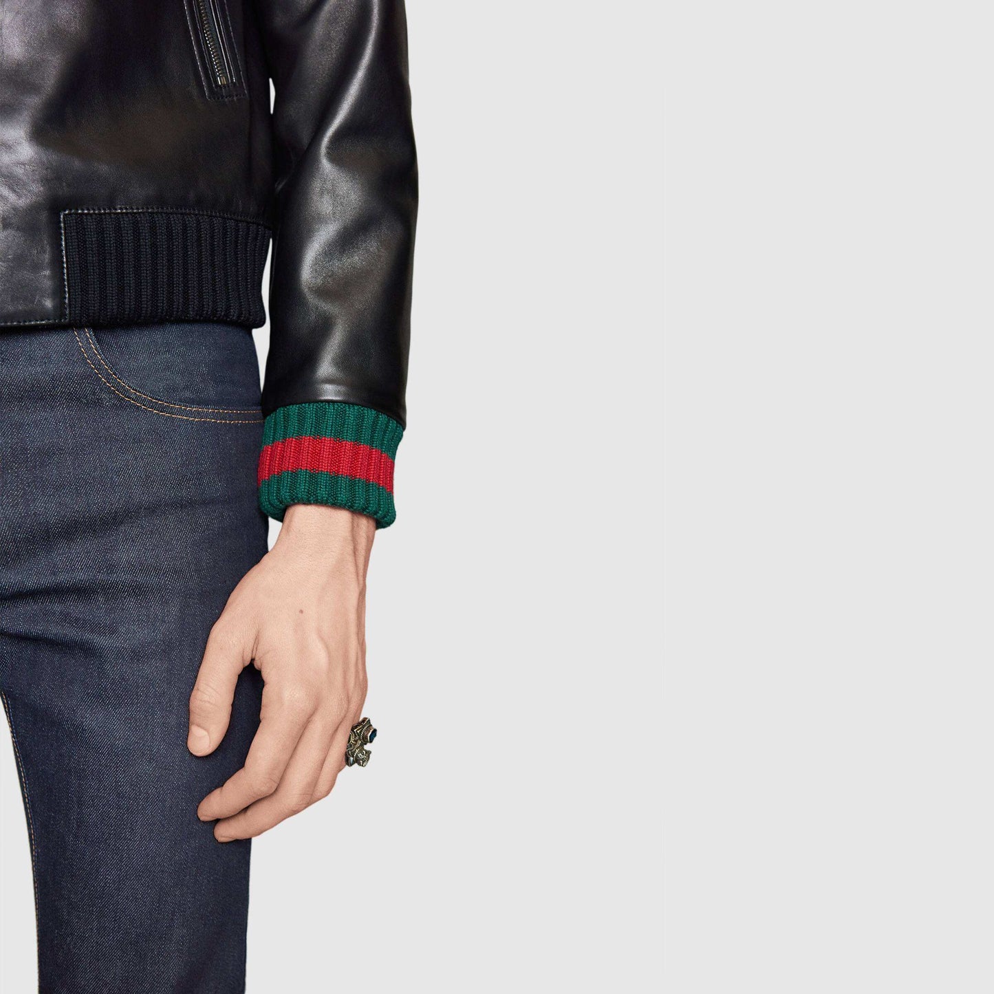 Men's Luxury Leather Bomber Jacket with Ribbed Details