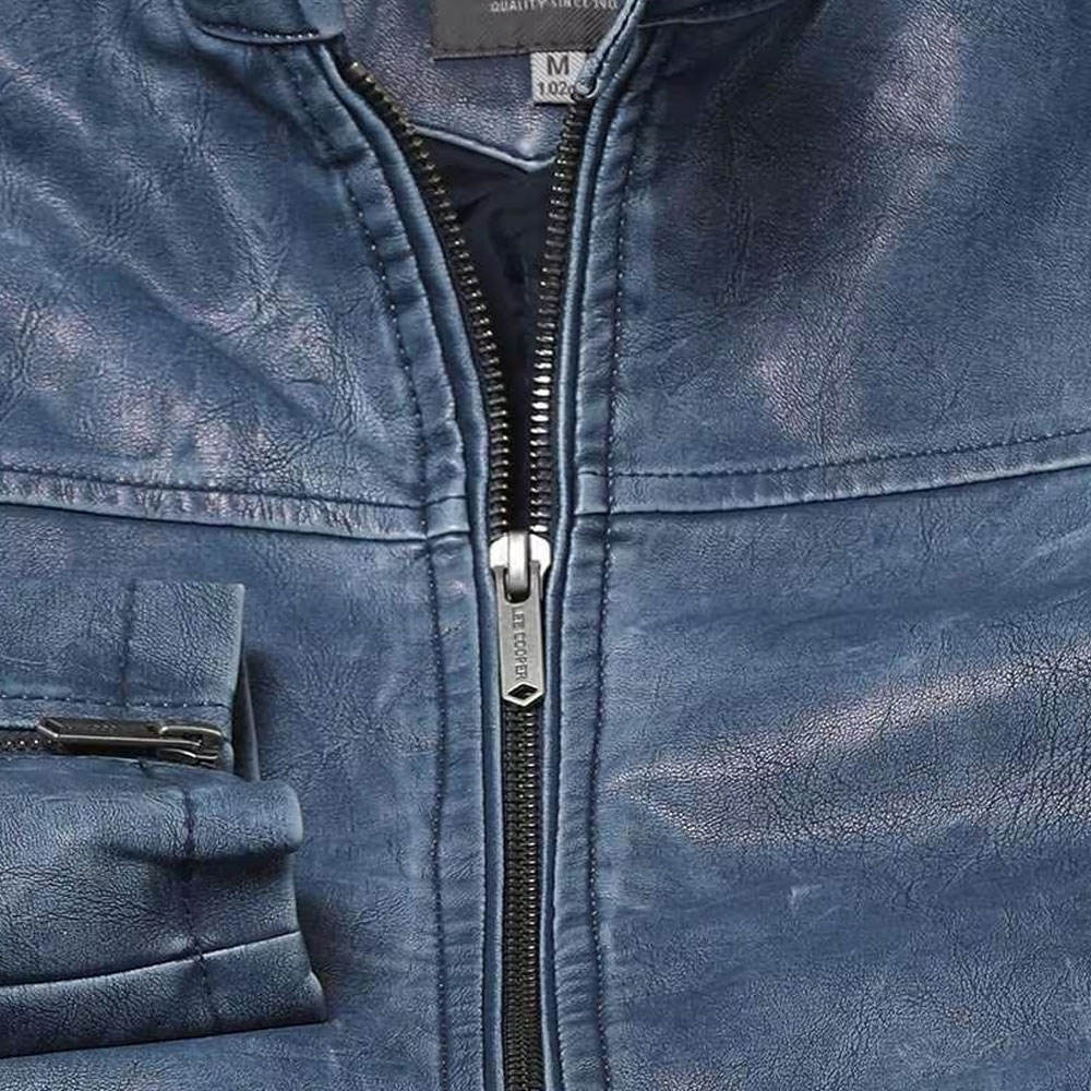 Men's Blue Faux Leather Biker Jacket – Slim Fit