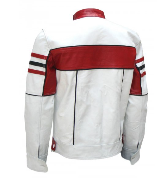 Men's White & Red Racer Style Leather Jacket-Moto Vibe