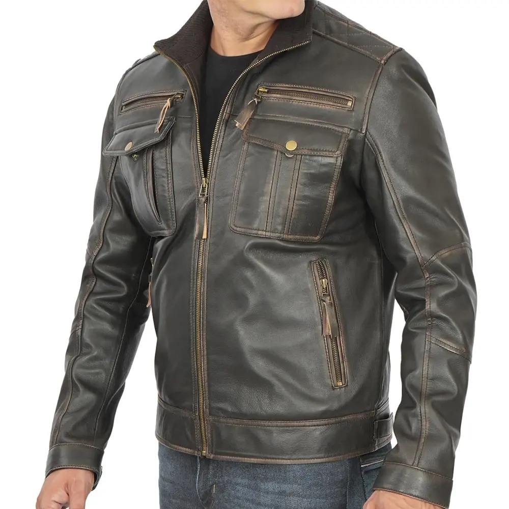 Men's Premium Brown Leather Jacket with Functional Pockets – Style