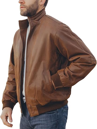RIDIX Men’s Waxed Brown New Bomber Jacket Ribbed Cuffs & Zipper Closure