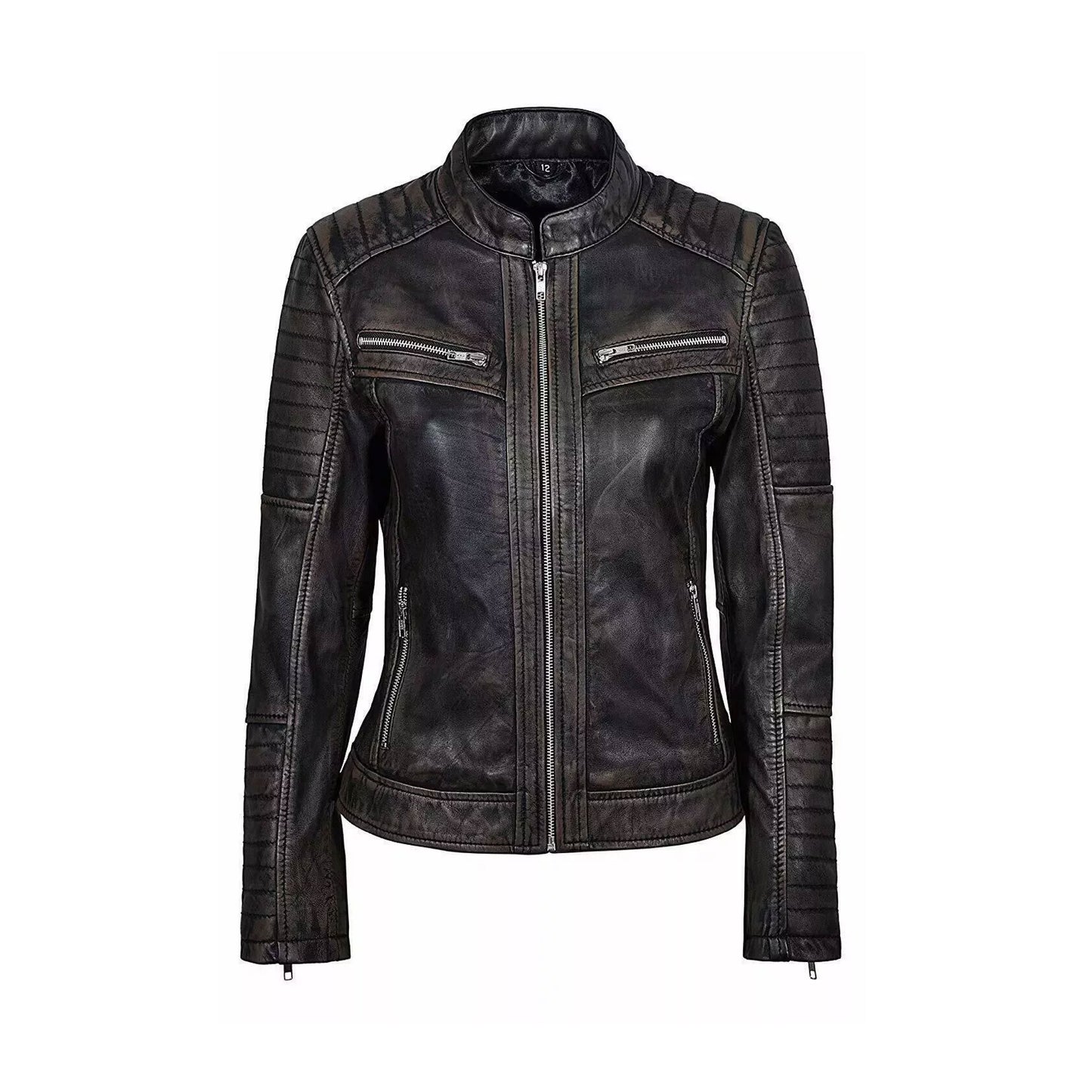 RIDIX Women Cafe Racer Moto Biker Genuine Sheepskin Distressed Black Leather Jacket