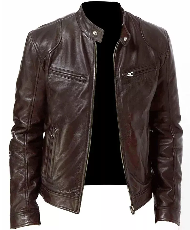 RIDIX Cafe Racer Men Biker Leather Jacket Black & Brown Soft Sheep Skin Leather