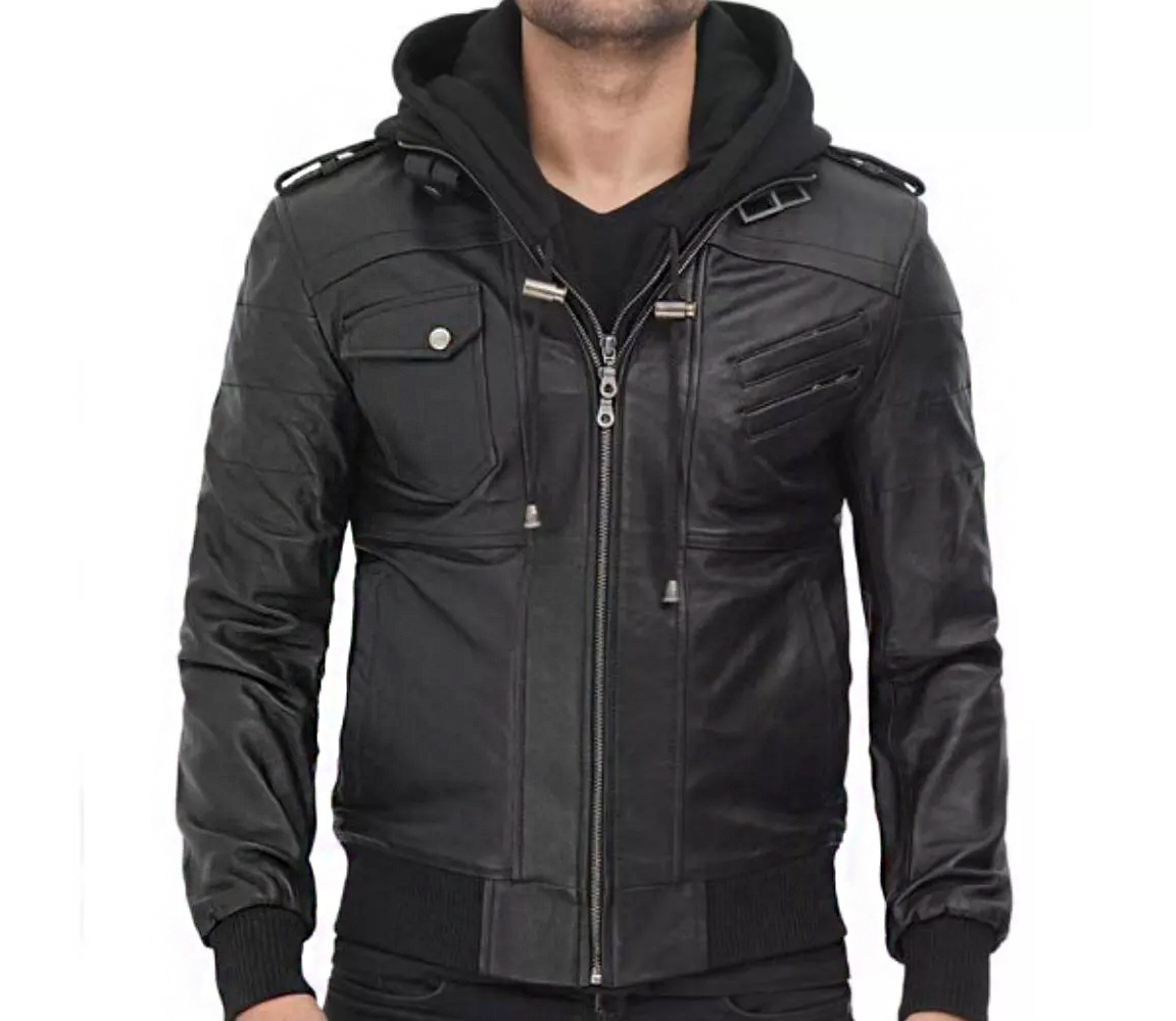 RIDIX Mens Black Leather Jacket with Removable Hoodie | Mens Bomber Leather Jacket