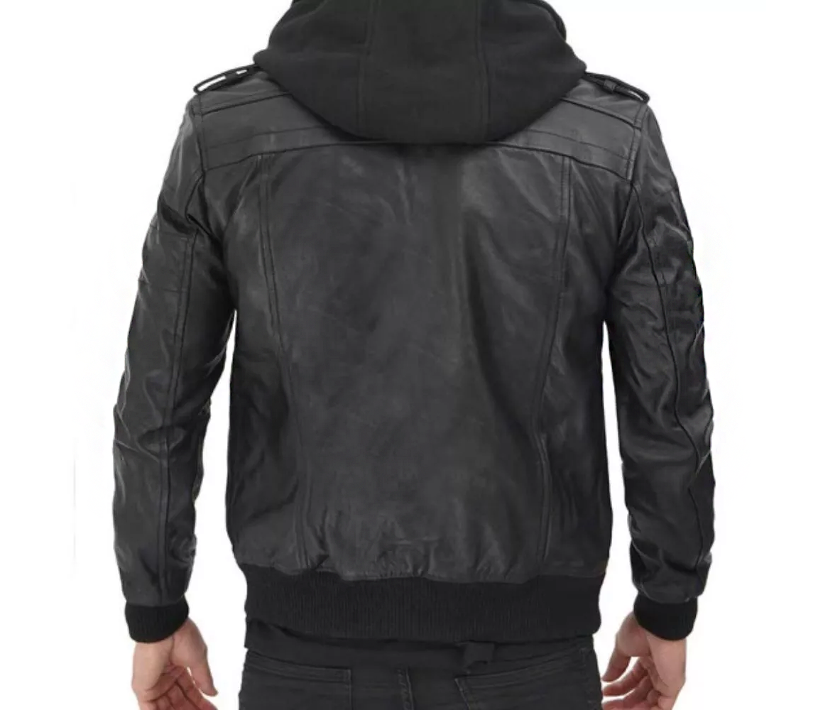 RIDIX Mens Black Leather Jacket with Removable Hoodie | Mens Bomber Leather Jacket