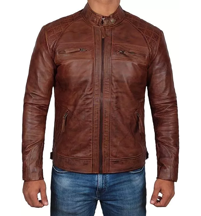 RIDIX Cafe Racer Biker Black Leather Jacket Mens Motorcycle Distressed Genuine LEATHER