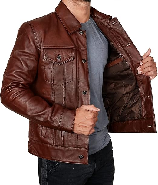 RIDIX Men Brown Distressed Leather Trucker Jacket, Leather Jacket