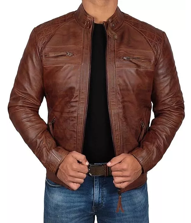 RIDIX Cafe Racer Biker Black Leather Jacket Mens Motorcycle Distressed Genuine LEATHER