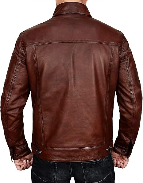 RIDIX Men Brown Distressed Leather Trucker Jacket, Leather Jacket