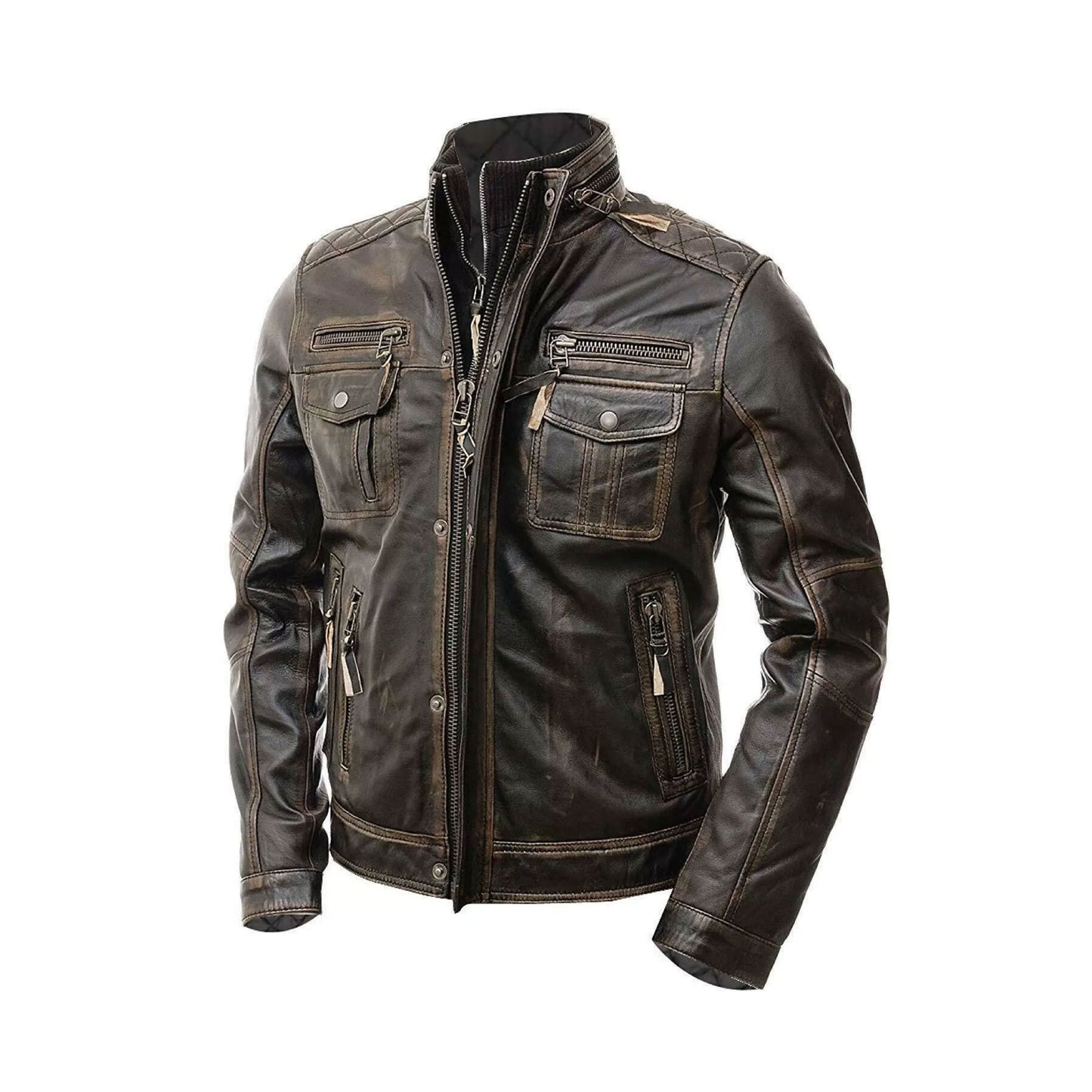 RIDIX Men’s Motorcycle Biker Distressed Brown Cafe Racer Real Leather Jacket