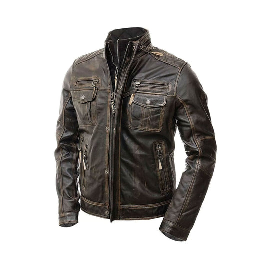 RIDIX Men’s Motorcycle Biker Distressed Brown Cafe Racer Real Leather Jacket