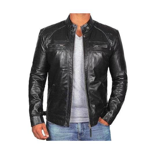 RIDIX Cafe Racer Biker Black Leather Jacket Mens Motorcycle Distressed Genuine LEATHER