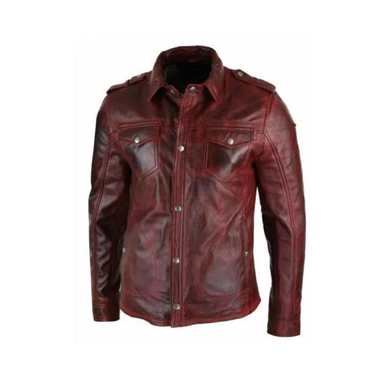 RIDIX New Men’s Shirt Jacket Burgundy Red Real Leather Soft Genuine Waxed Leather Shirt