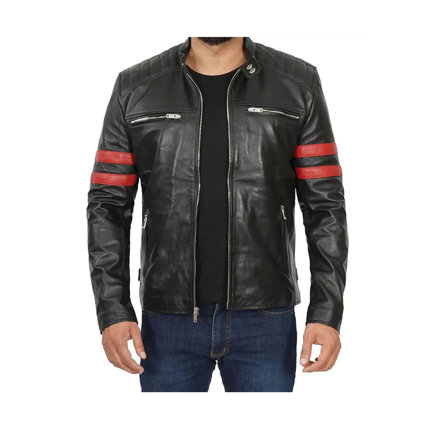 RIDIX Biker Black Quilted With Red Stripe Cafe Racer Leather Motorcycle Jacket For Men