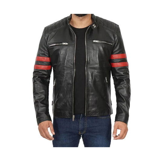 RIDIX Biker Black Quilted With Red Stripe Cafe Racer Leather Motorcycle Jacket For Men