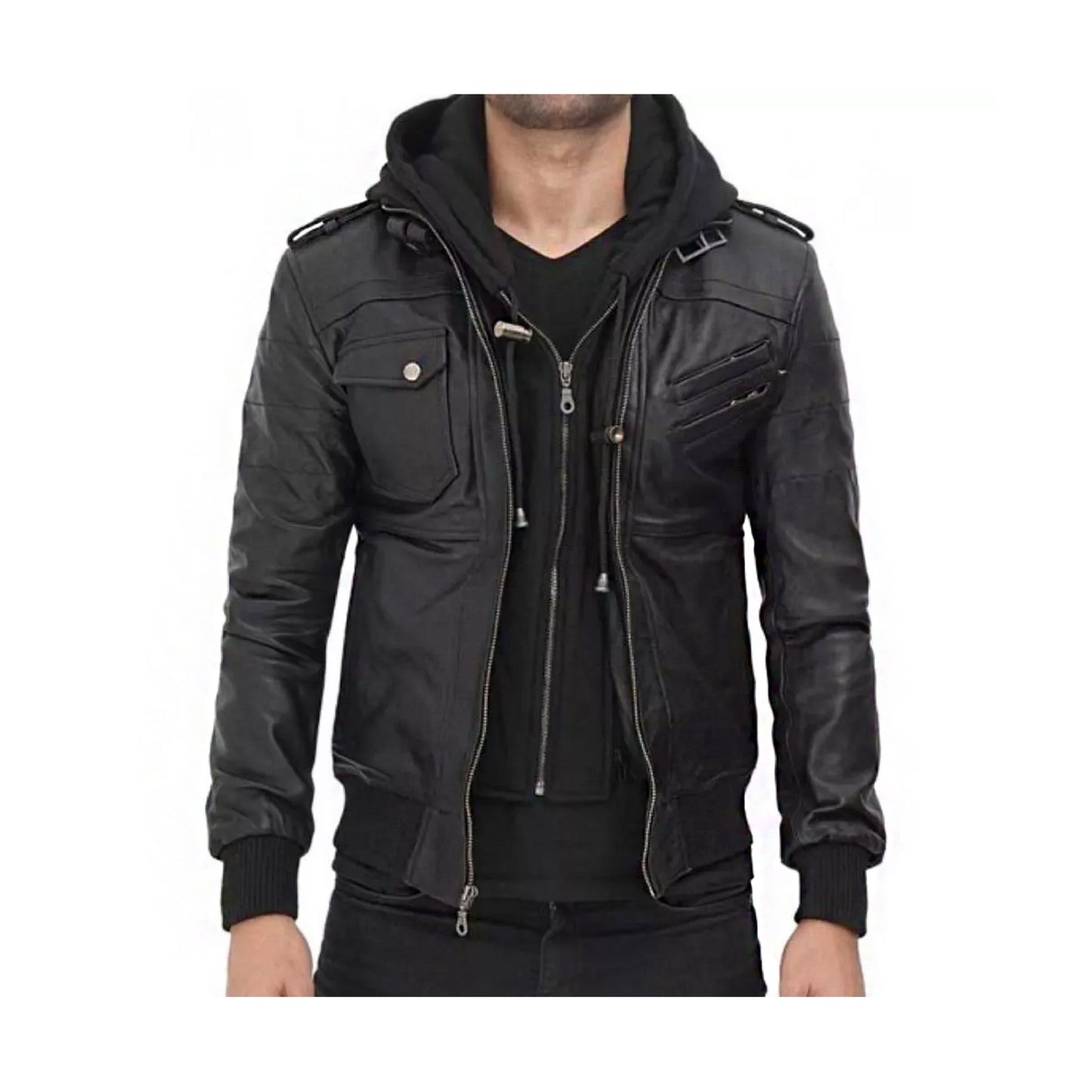 RIDIX Mens Black Leather Jacket with Removable Hoodie | Mens Bomber Leather Jacket