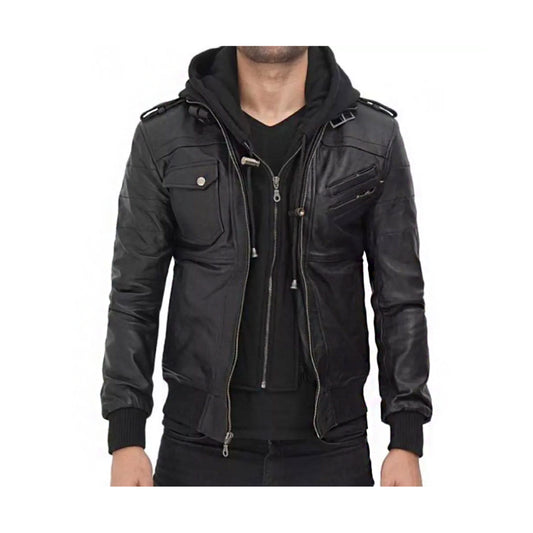 RIDIX Mens Black Leather Jacket with Removable Hoodie | Mens Bomber Leather Jacket