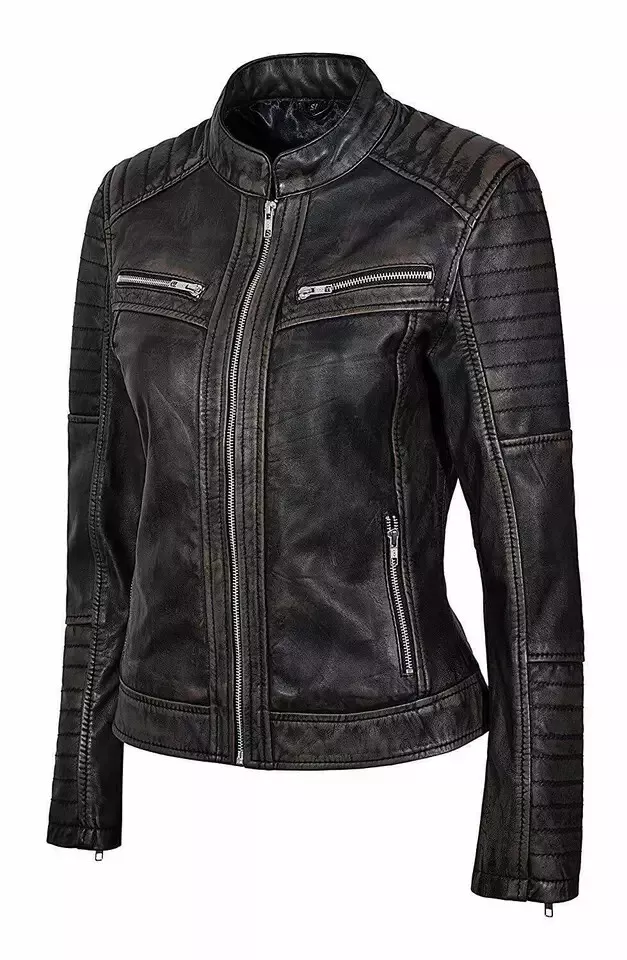 RIDIX Women Cafe Racer Moto Biker Genuine Sheepskin Distressed Black Leather Jacket