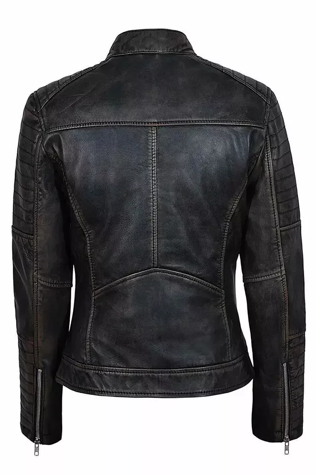 RIDIX Women Cafe Racer Moto Biker Genuine Sheepskin Distressed Black Leather Jacket
