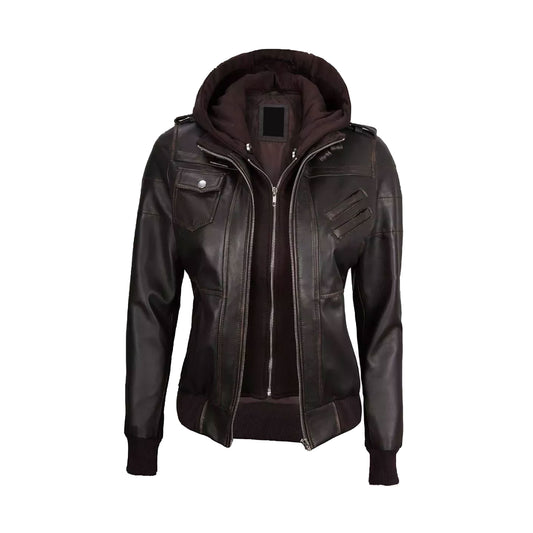 RIDIX Women's Biker Bomber Rub Off Brown Removable Hooded Sheepskin Leather Jacket