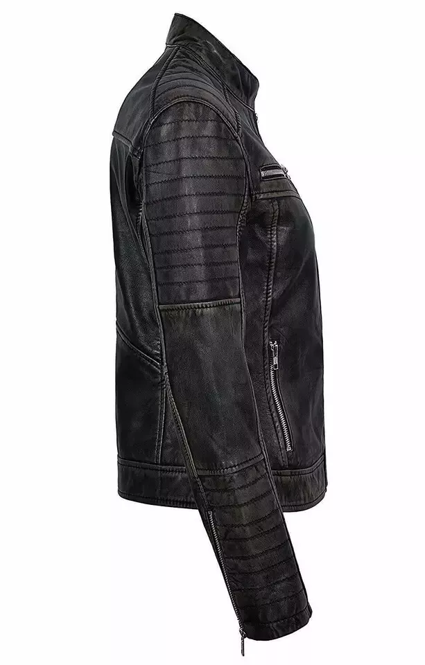 RIDIX Women Cafe Racer Moto Biker Genuine Sheepskin Distressed Black Leather Jacket