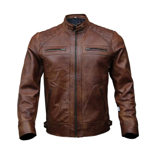 RIDIX MENS CAFE RACER BIKER MOTORCYCLE LEATHER JACKET BROWN GENUINE SHEEP LEATHER