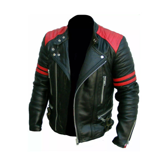 RIDIX Men's Motorcycle Geniune Leather Brando Classic Red Patches Jacket