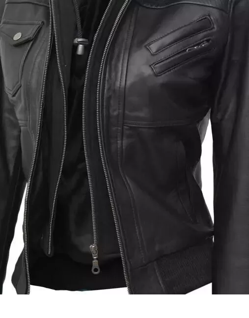 RIDIX Women's Biker Bomber Rub Off Brown Removable Hooded Sheepskin Leather Jacket