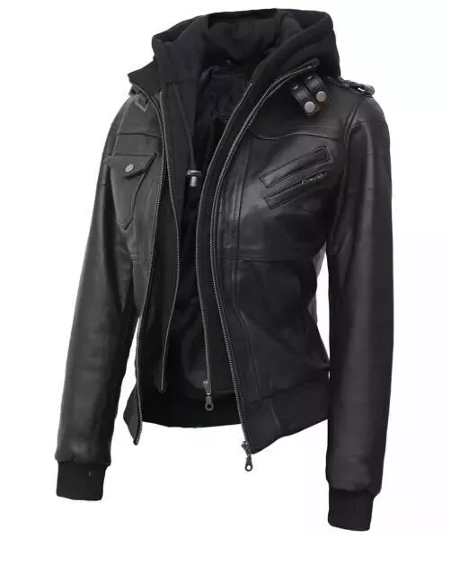 RIDIX Women's Biker Bomber Rub Off Brown Removable Hooded Sheepskin Leather Jacket