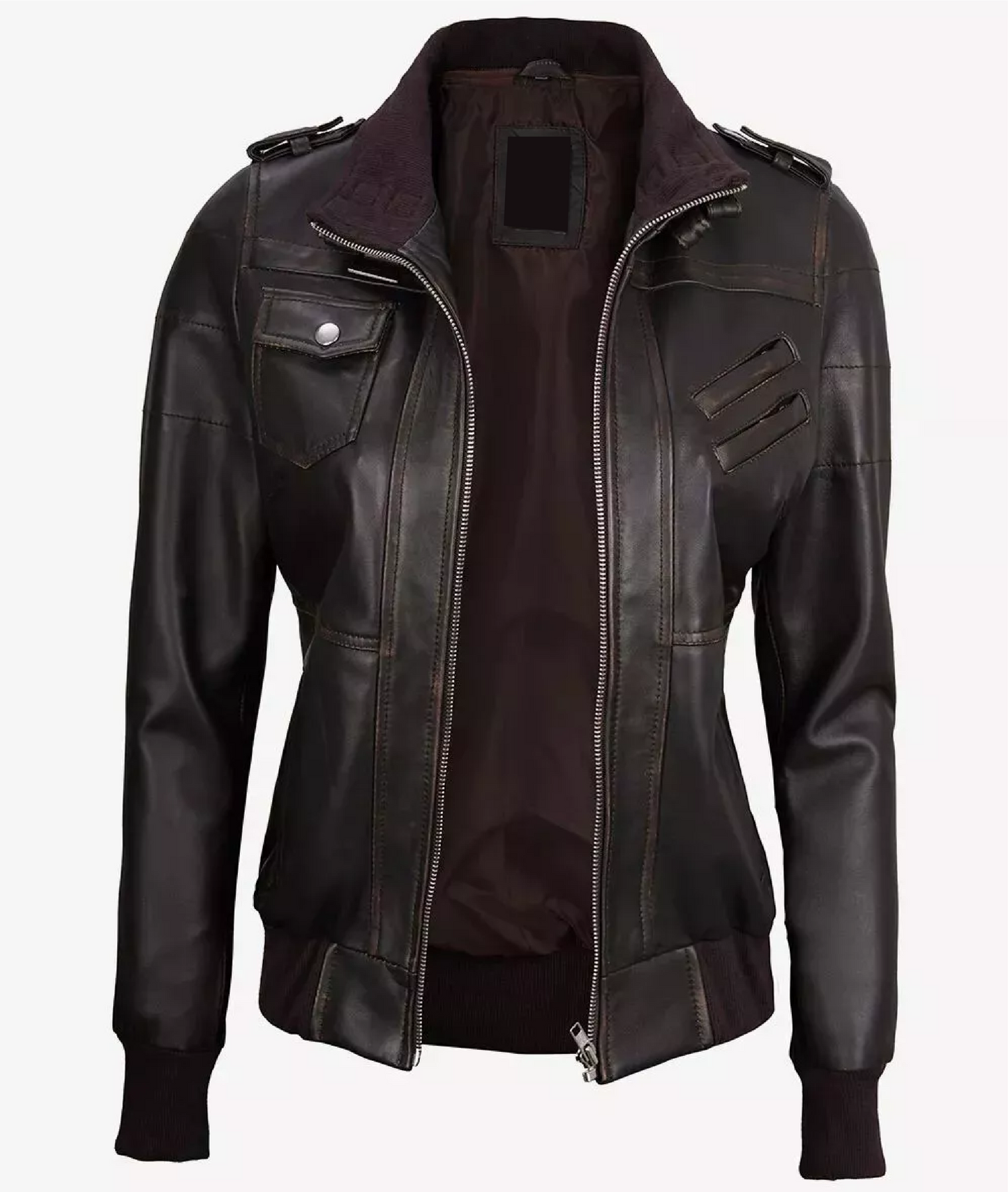 RIDIX Women's Biker Bomber Rub Off Brown Removable Hooded Sheepskin Leather Jacket