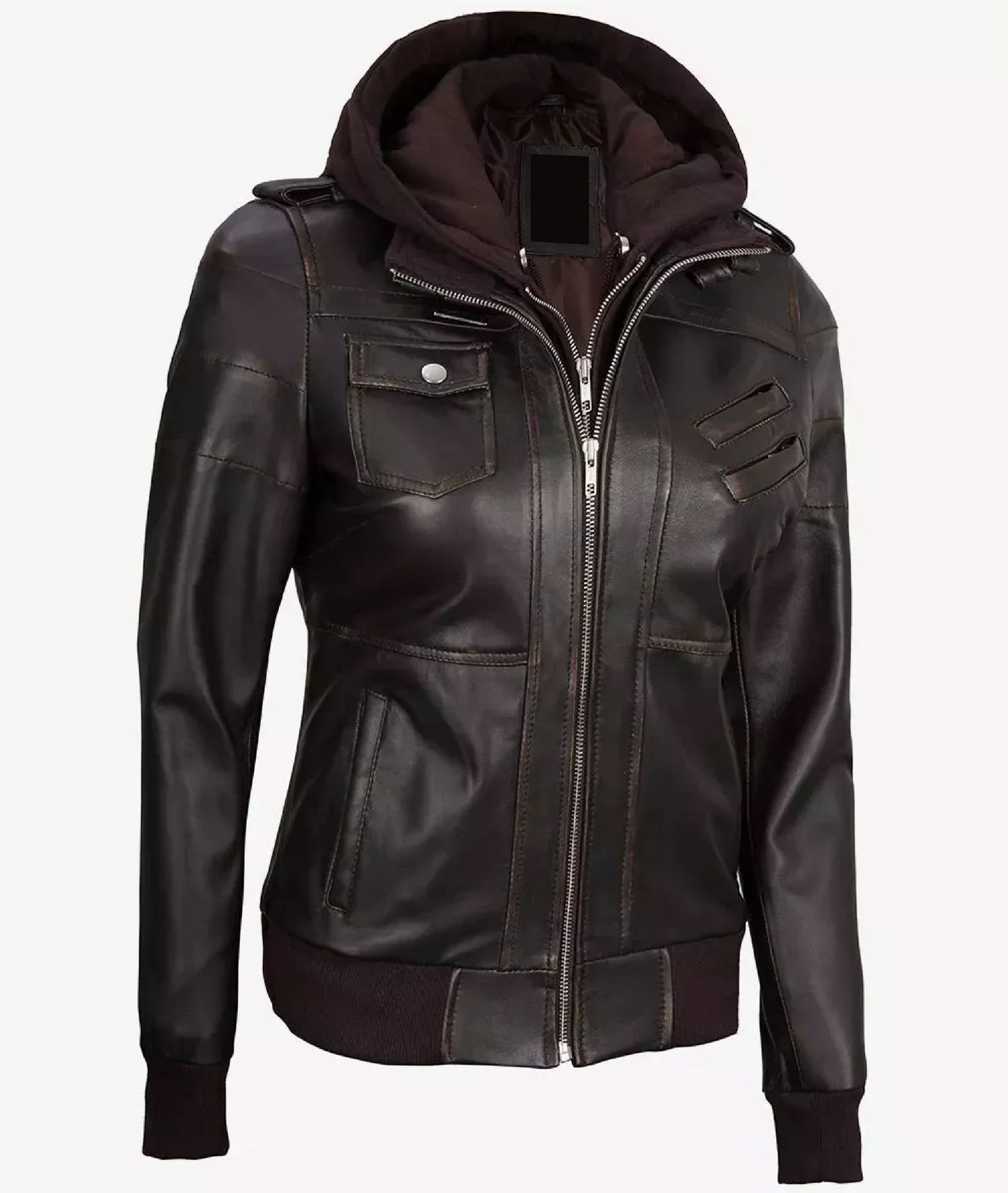 RIDIX Women's Biker Bomber Rub Off Brown Removable Hooded Sheepskin Leather Jacket