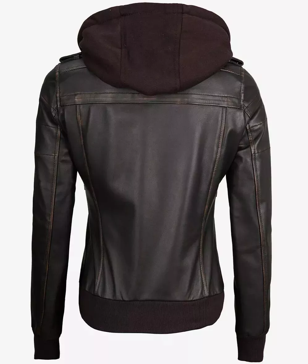 RIDIX Women's Biker Bomber Rub Off Brown Removable Hooded Sheepskin Leather Jacket