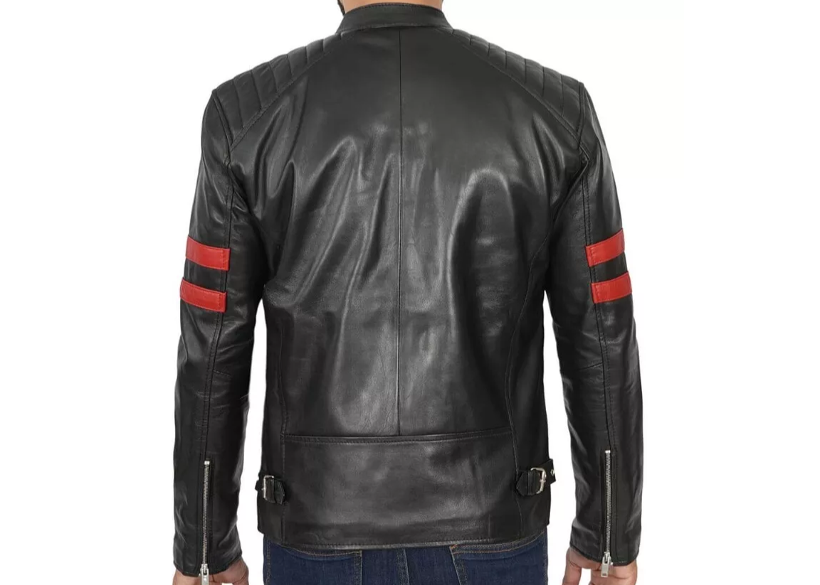 RIDIX Biker Black Quilted With Red Stripe Cafe Racer Leather Motorcycle Jacket For Men