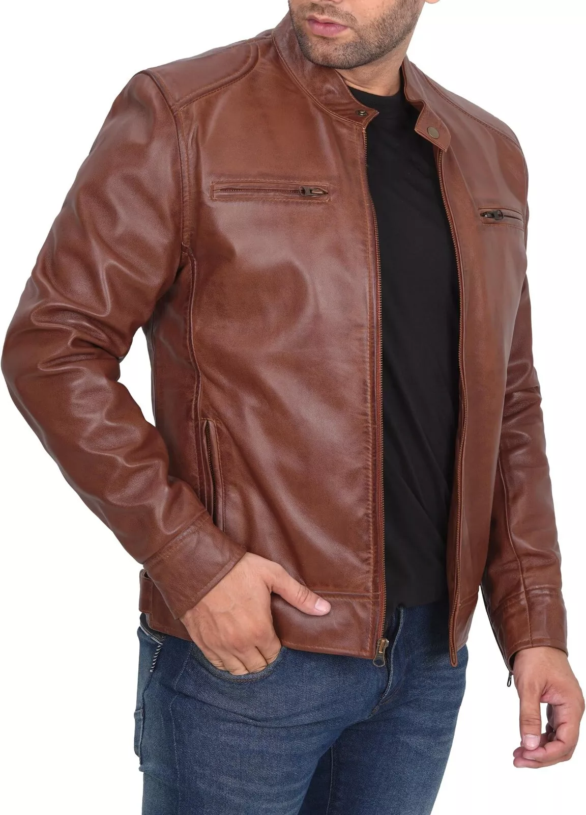 RIDIX Mens Leather Jacket - Cafe Racer Style Real Lambskin Leather Jacket Men