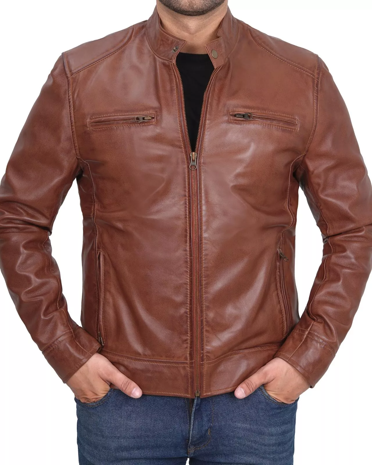RIDIX Mens Leather Jacket - Cafe Racer Style Real Lambskin Leather Jacket Men