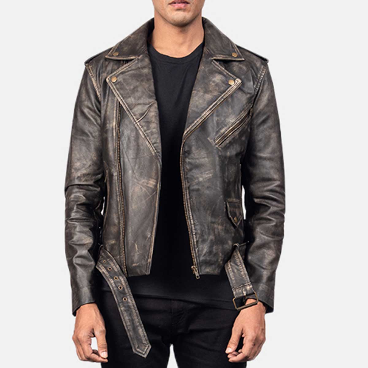 Men's Black Distressed Leather Biker Jacket