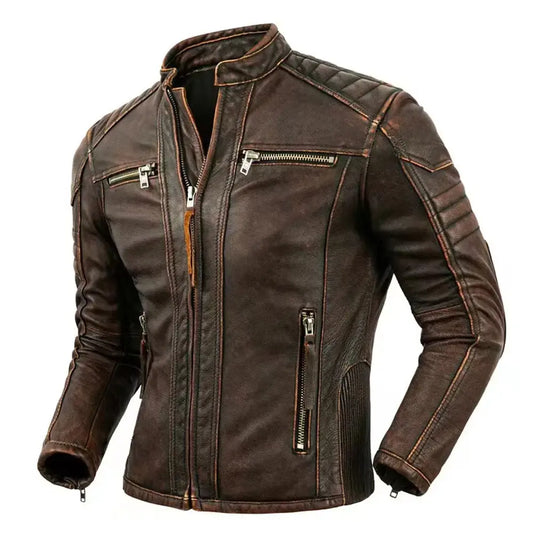 Men’s Distressed Brown Biker Leather Jacket – Slim Fit, Motorcycle Style