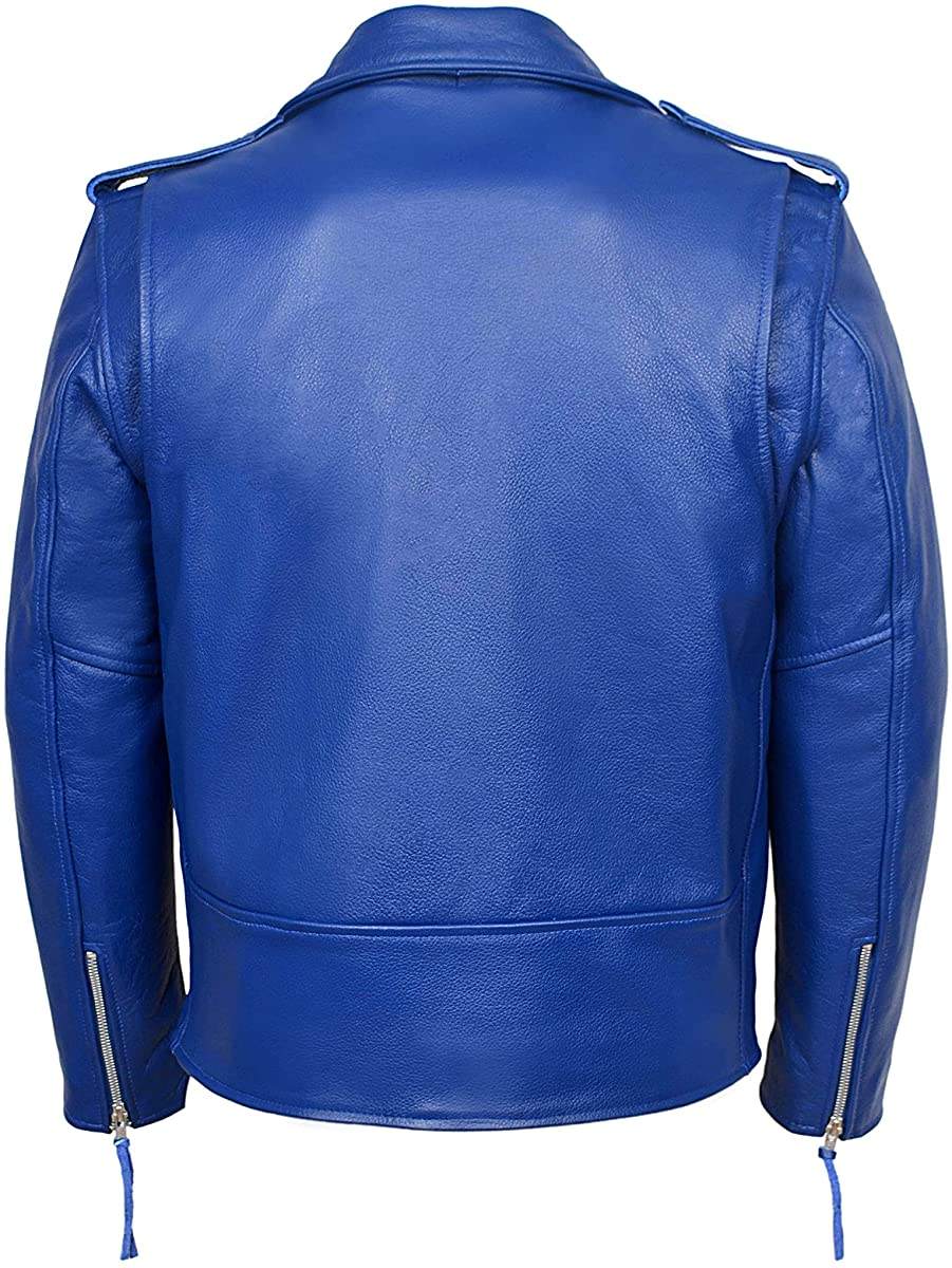 Men’s Royal Blue Genuine Leather Biker Jacket – Bold Streetwear with Belted Waist